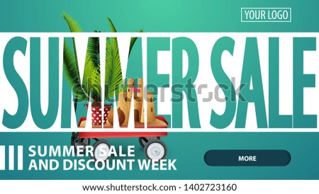 Summer sale, creative green discount web banner for your website with garden cart with sand, sand castle and potted palm