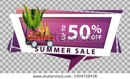 Summer sale, discount web banner in geometric style with garden cart with sand, sand castle and potted palm