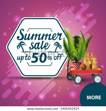 Summer sale, square discount web banner for your website with garden cart with sand, sand castle and potted palm