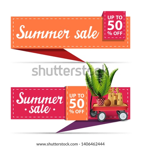 Summer sale, two horizontal discount banners in the form of a ribbon with garden cart with sand, sand castle and potted palm