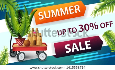 Summer sale, horizontal discount web banner for your website with creative design, garden cart with sand, sand castle and potted palm