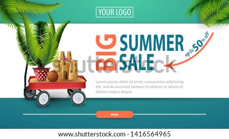 Big summer sale, discount horizontal web banner with modern, stylish design, garden cart with sand, sand castle and potted palm