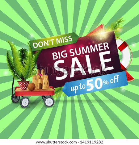 Big summer sale, modern discount web banner with garden cart with sand, sand castle and potted palm