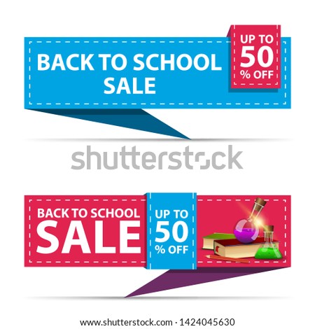 Back to school sale, two horizontal discount banners in the form of a ribbon with books and chemical flasks