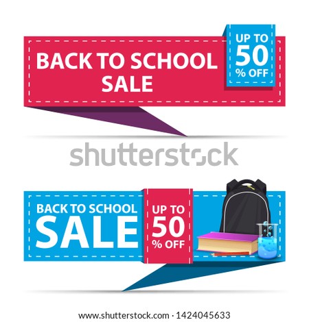 Back to school sale, two horizontal discount banners in the form of a ribbon with school backpack, a book and a chemical flask