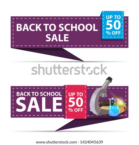 Back to school sale, two horizontal discount banners in the form of a ribbon with microscope, books and chemical flask