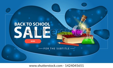 Back to school sale, blue discount banner with modern design for your website with books and chemical flasks