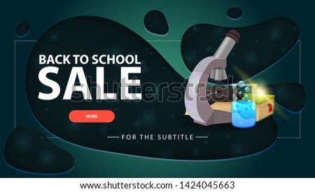 Back to school sale, green discount banner with modern design for your website with microscope, books and chemical flask