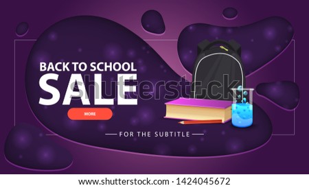 Back to school sale, purple discount banner with modern design for your website with school backpack, a book and a chemical flask