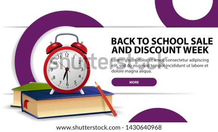 Back to school sale and discounts week, modern discount banner with fashionable design for your website with school books and alarm clock