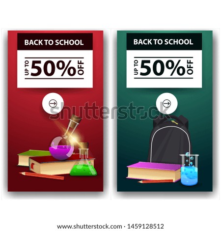 Back to school sale, two discount banners with books, chemical flasks, school backpack, a book and a chemical flask