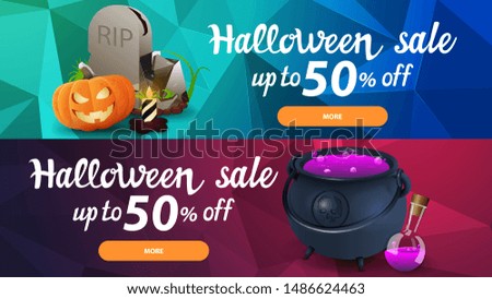 Halloween sale, up to 50% off, two horizontal web banner with polygonal texture on the background. Collection of bright discount banners for your website with beautiful three-dimensional illustrations