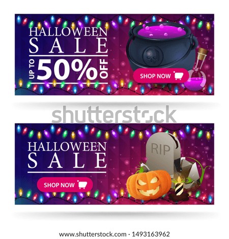Halloween sale, up to 50% off, purple horizontal discount web banners with witch's cauldron with potion, tombstone and pumpkin Jack