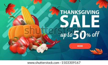 Thanksgiving sale, up to 50% off, green discount web banner with polygon texture and autumn harvest