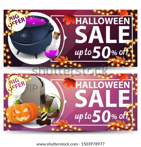 Set Halloween banners, up to 50% off. Pink and purple discount banners for your business