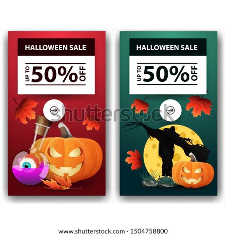 Set Halloween vertical discount banners, up to 50% off. Red and green discount vertical banners for your business