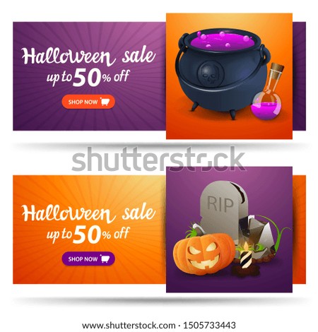 Set Halloween discount banners, up to 50% off. Orange and purple discount horizontal banners for your business