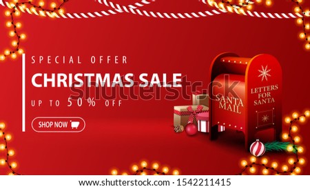 Special offer, Christmas sale, up to 50% off, modern red discount banner in minimalistic style with Christmas garlands and Santa letterbox with presents