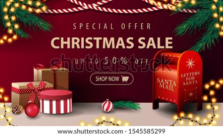 Special offer, Christmas sale, up to 50% off, discaunt banner with garlands and Santa letterbox with presents