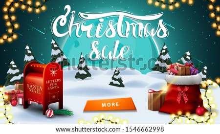 Christmas sale, discount banner with winter landscape. big blue moon, starry sky, garland, button, Santa letterbox and Santa Claus bag with presents