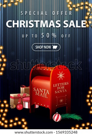 Special offer, Christmas sale, up to 50% off, vertical dark and blue discount banner with Santa letterbox with presents