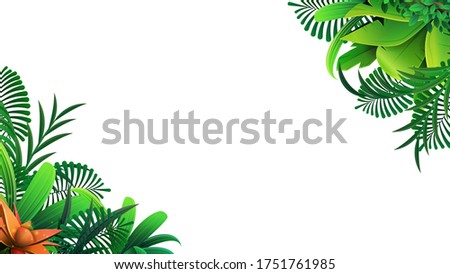 A frame of tropical leaves around a white empty space. Elegant backdrop decorated with foliage of exotic jungle plants. Natural frame or border. Vector illustration.