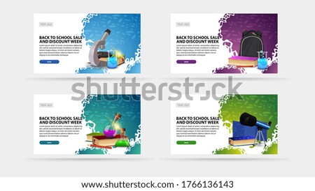 Back to school sale and discount week, large collection white discount banners for your business with buttons, abstract shapes, microscope, telescope, backpack, books and chemical flasks