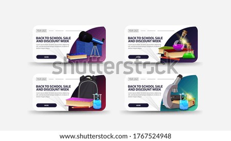 Back to school sale and discount week, set of white discount banners with rounded corners, buttons, abstract shapes, microscope, telescope, backpack and chemical flasks