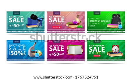 Back to school sale, up to 50% off, large collection colorful discount banners for your business with buttons, backpack, books, alarm clock, chemical flasks, microscope and telescope.