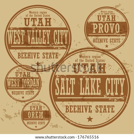 Grunge rubber stamp set with names of Utah cities, vector illustration