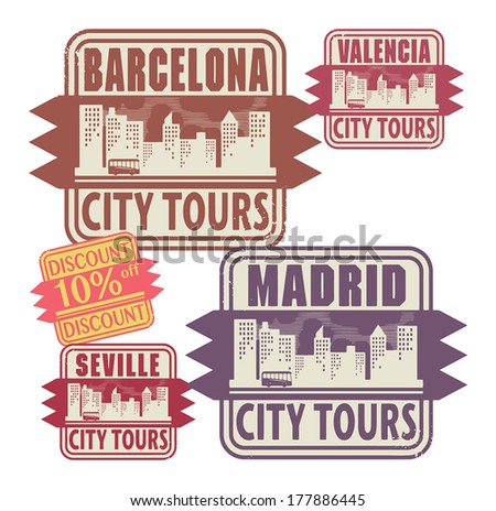 Grunge rubber stamp set with names of Spain cities, vector illustration
