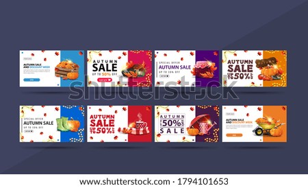 Autumn sale and discount week, collection of white discount banners in minimalistic style with falling maple leaves, color decorative strape, buttons and autumn elements