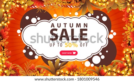 Autumn sale, up to 50% off, orange discount banner with frame of garland, frame made of autumn leafs, abstract circles and button