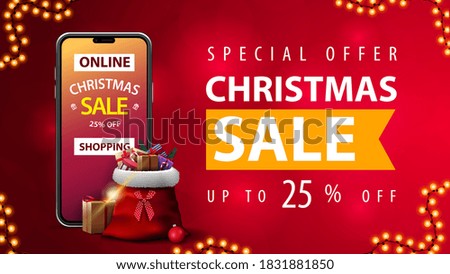 Online Shopping, Special offer, Christmas sale, up to 25% off, red discount web banner with blurred background, smartphone with offer on screen and Santa Claus bag with presents around