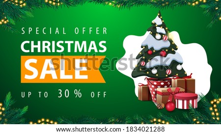 Special offer, Christmas sale, up to 30% off, green discount web banner with abstract shape on background, garland frame, frame made of Christmas tree branches and Christmas tree in a pot with gifts