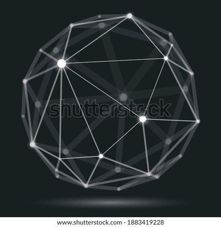 Abstract 3D mesh sphere vector illustration, dots connected with lines technology polygonal object, dynamic tech and science lattice, with realistic depth of field effect.