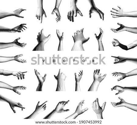 Set of hands showing different gestures. Design elements for web or presentation. 3D polygonal vector illustration.