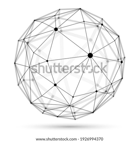 Dimensional lattice sphere vector abstraction, 3D polygonal design abstract shape isolated over white, science digital dynamic connections with lines and dots with perspective.