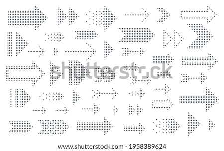 Dotted arrows big vector set of icons or logos, collection of direction cursors made with dots, perforated symbols, different shapes arrows for graphic design usage. Сток-фото © 