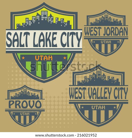 Stamp or label set with names of Utah cities, vector illustration