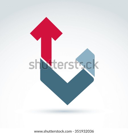 Vector conceptual corporate design element. Abstract geometric symbol, checkmark and red upload arrow, infographics icon.