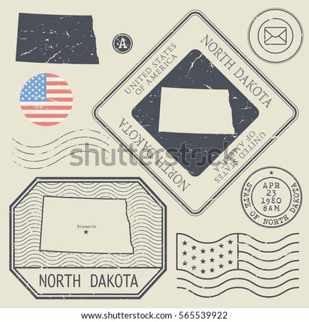 Retro vintage postage stamps set North Dakota, United States theme, vector illustration
