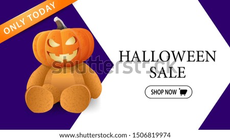 Halloween sale, modern discount banner for your website with big arrow on background and Teddy bear with Jack pumpkin head