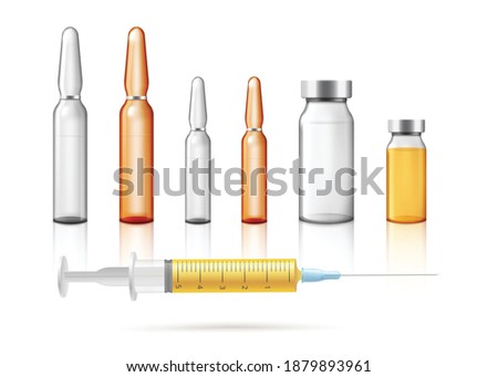 Templates set of vaccination and injection medical tools with syringe and glass drug ampoules, realistic vector illustration isolated on white background.
