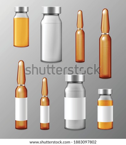 Medical brown or transparent glass ampoules and bottles with drugs for injection, realistic vector illustration isolated on background. Mockup of medical ampoules.