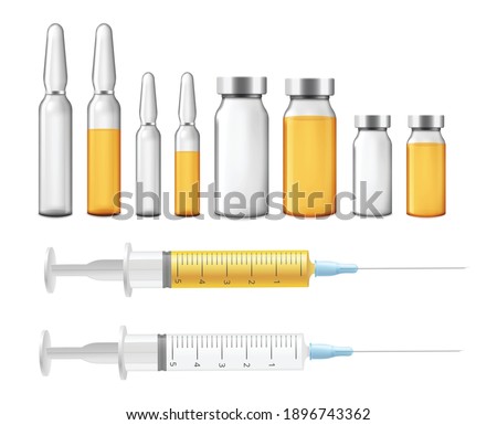 Set of medical full and empty ampoules, syringes and bottles with liquid medication, realistic template vector illustration isolated on white background.