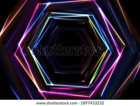 Colorful glowing neon tech hexagons abstract background. Vector design