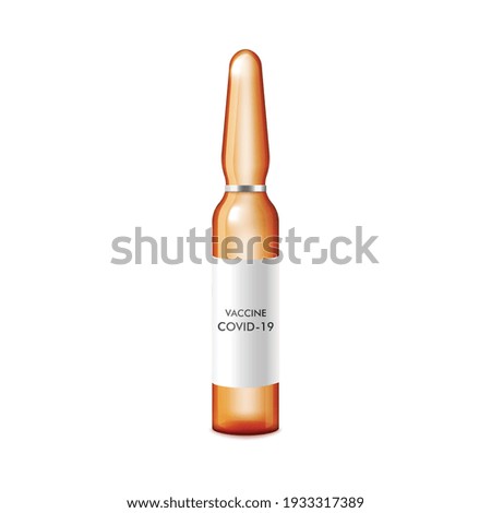 Transparent glass ampule with Covid-19 vaccine mockup, realistic vector illustration isolated on white background. Template of medical bottle with coronavirus vaccine.