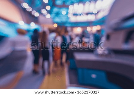 Exhibition background blur- expo defocused.  Presentation company- be focused business bokeh. People group- booth technology
