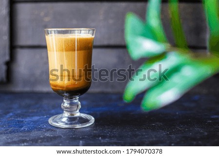latte coffee cappuccino dalgona in transparent glass sweet hot drink cocoa milk organic eating healthy top view place for text copy space